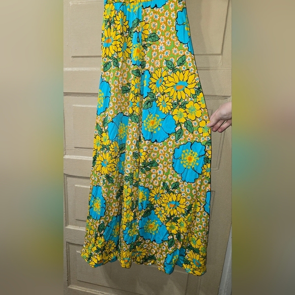 Jack Hartley 1960s Retro Yellow Blue Floral Keyhole Flutter Sleeve Maxi Dress - Picture 9 of 11